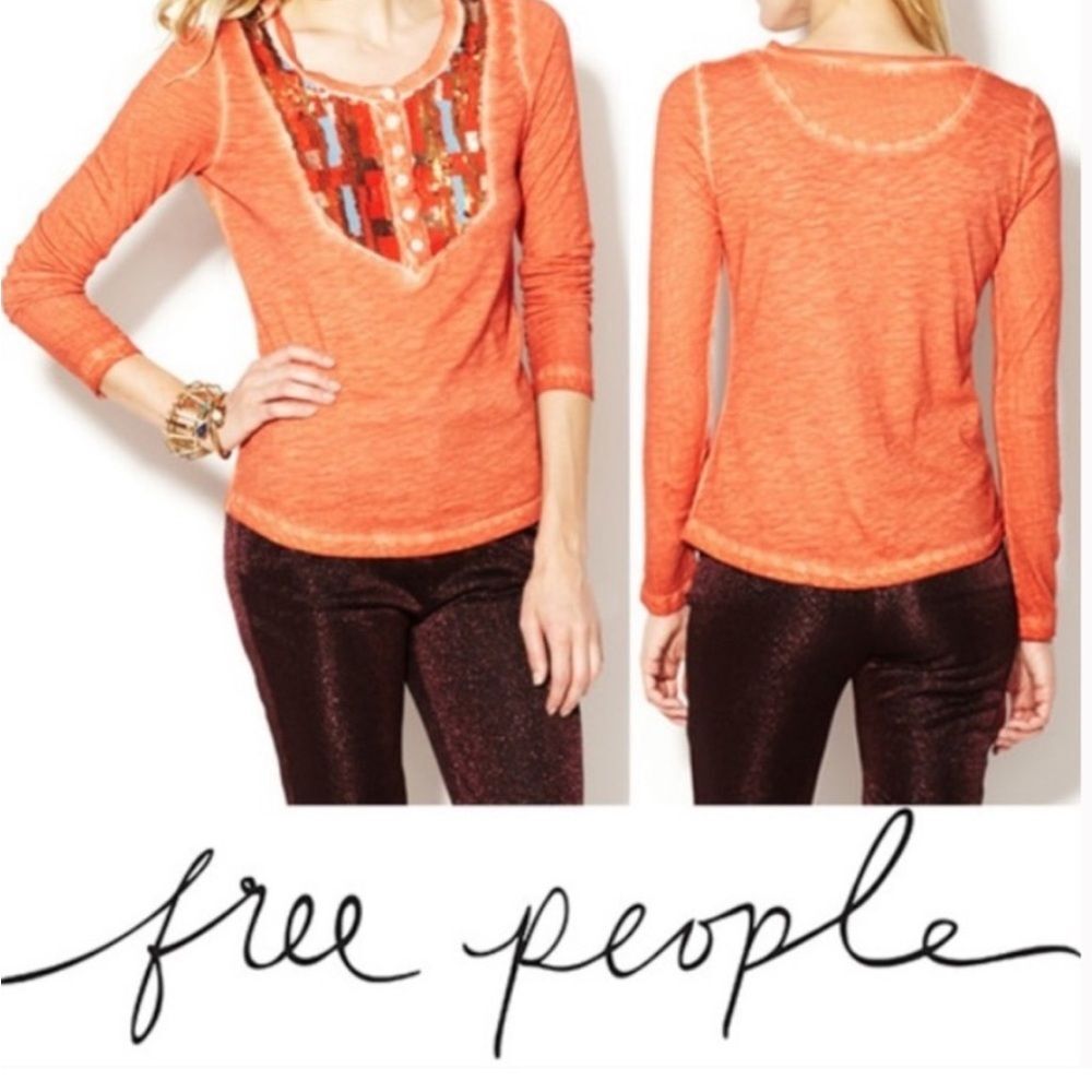 Free People Coral Tiger Eyes Sequin Long Sleeve Henley Top
